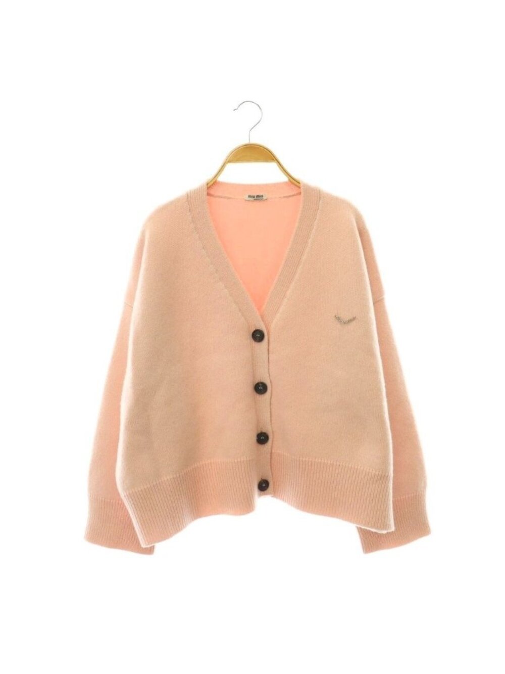 Miu Miu Crystal Logo Cashmere Cardigan Knit Long Sleeve V-neck Pink 40